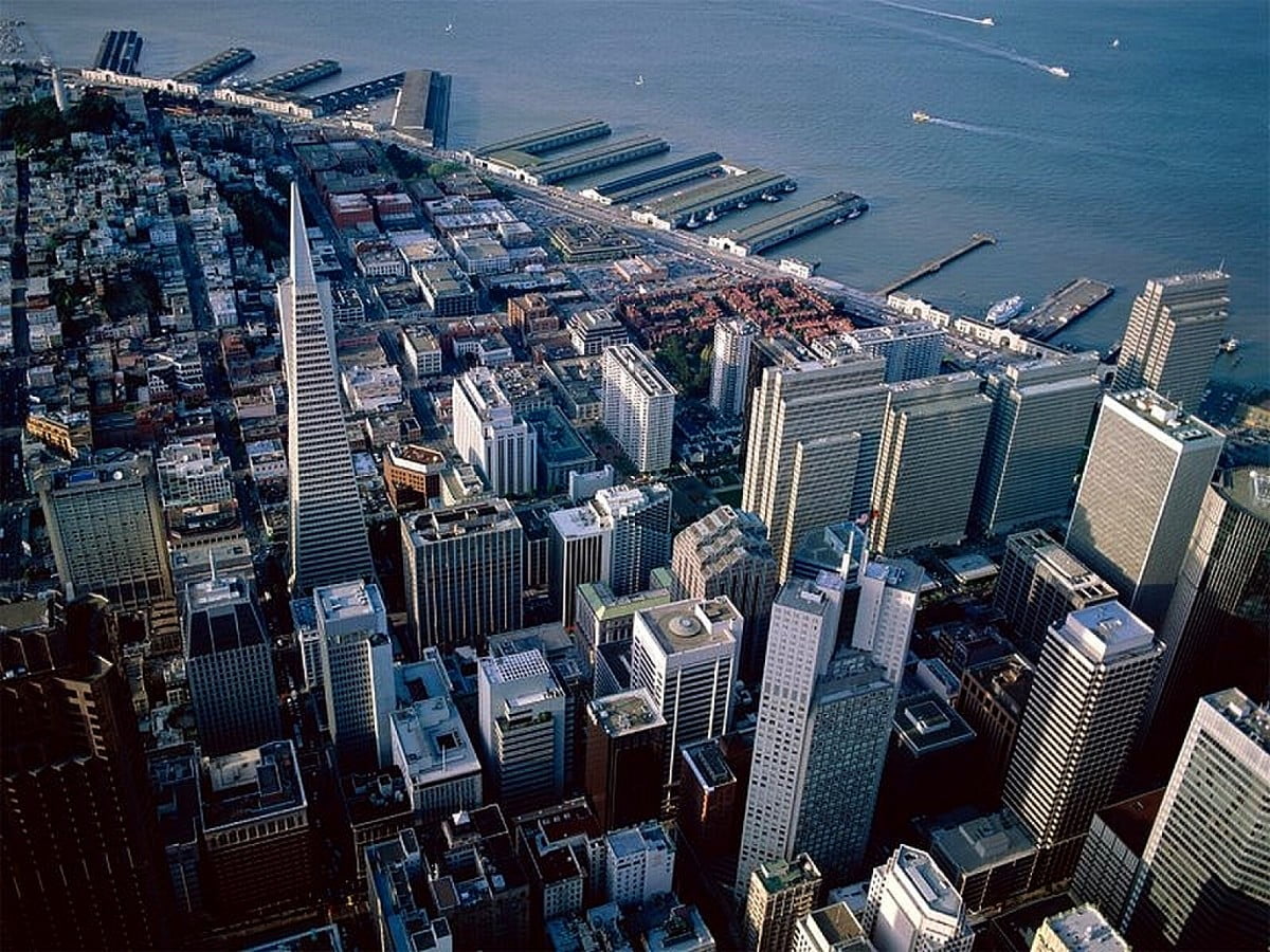 Metropolis, stadsgezicht, stad, wolkenkrabbers, vogelperspectief (Californië) — bureaublad achtergrond