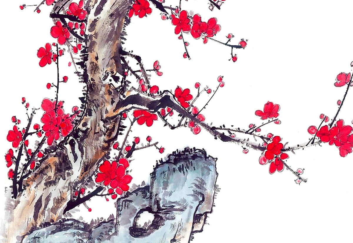 Chinese Rode Boom Achtergrond Chinese Schilderkunst, Chinese Kunst, Rode | Gratis ...
