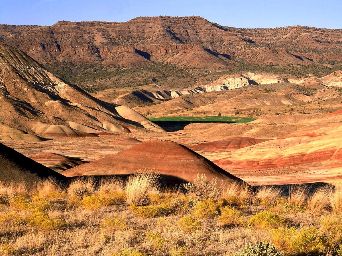 Woestijngebied en berg (John Day Fossil Beds National Monument, Oregon, Verenigde Staten van Amerika) - achtergrond afbeelding