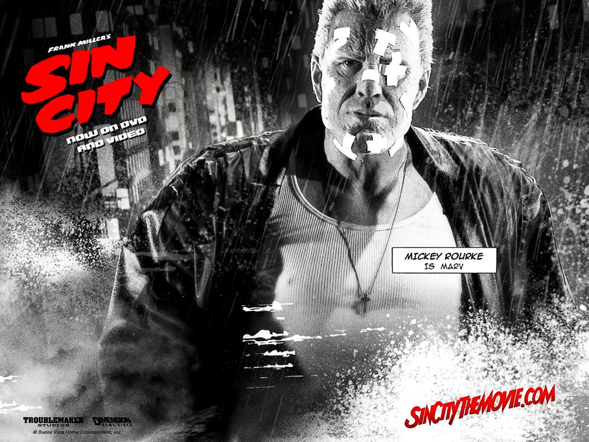 Gratis bureaublad achtergrond / man in regen (scène uit film "Sin City")
