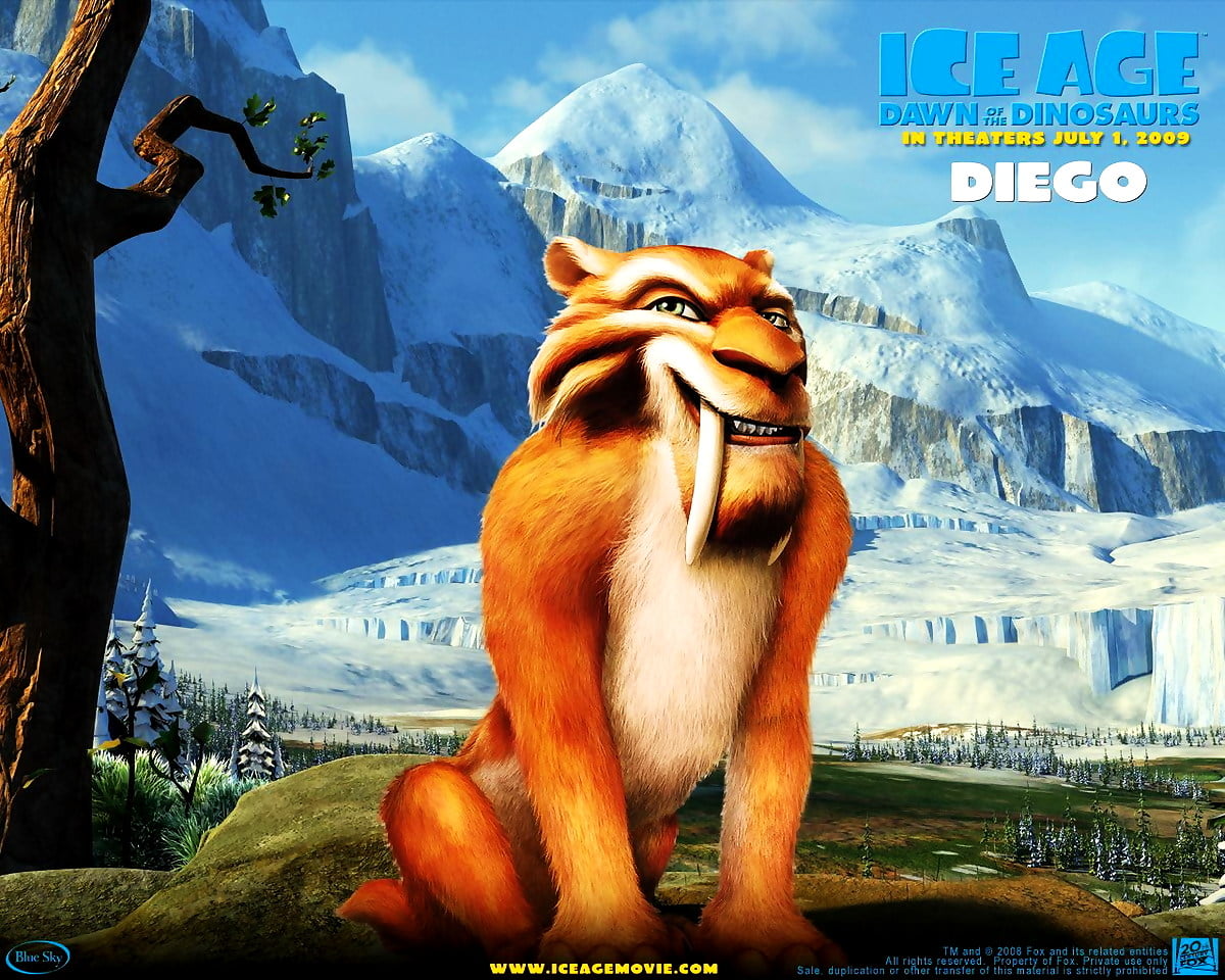 : hond staande op de berg (scène uit computeranimatiefilm "Ice Age")