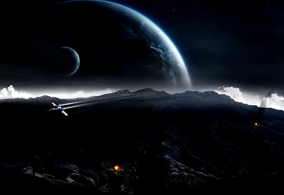 Fantasie, kosmische ruimte, maan, bergen, ruimte : HD achtergrond