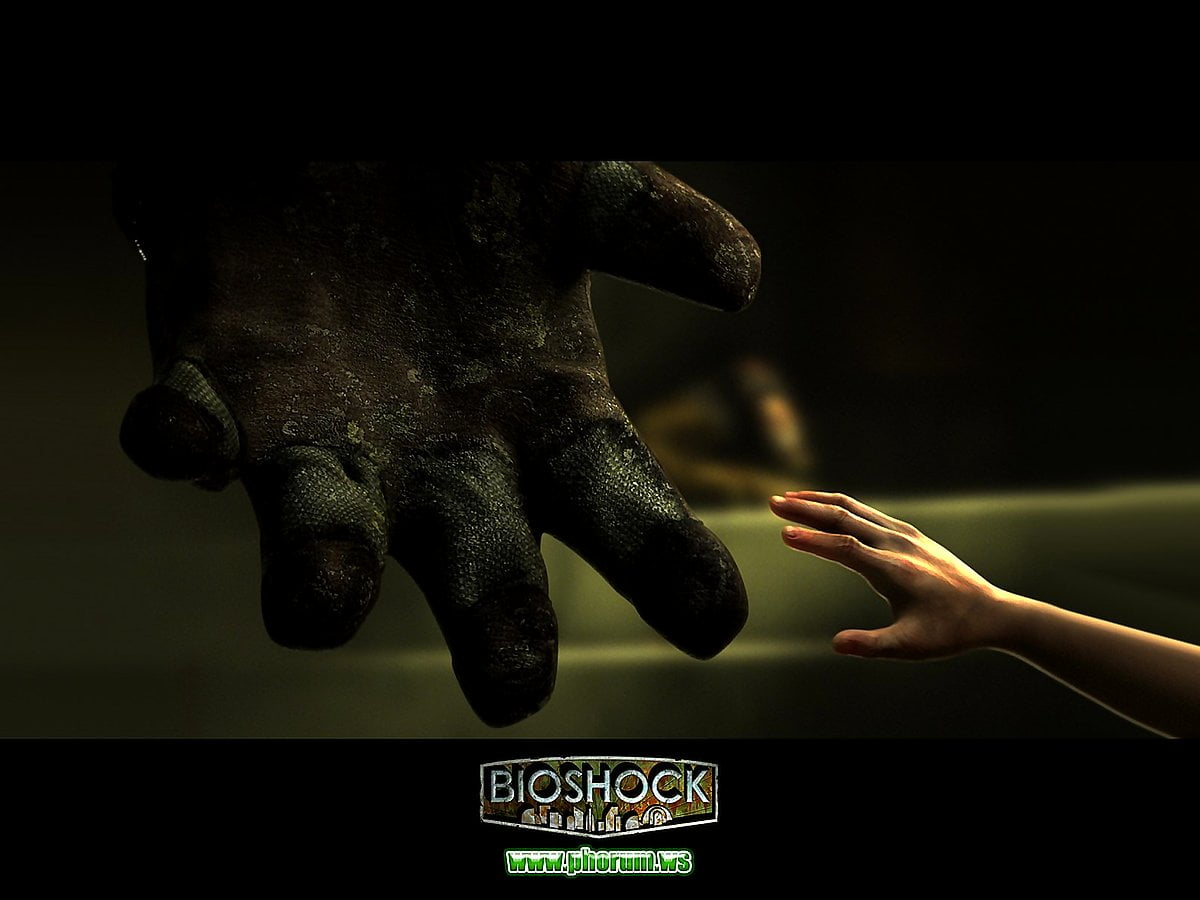 Bureaubladafbeelding — Bioshock, standbeeld, hand-, beeldhouwwerk, gebaar (scène uit videogame "Bioshock")
