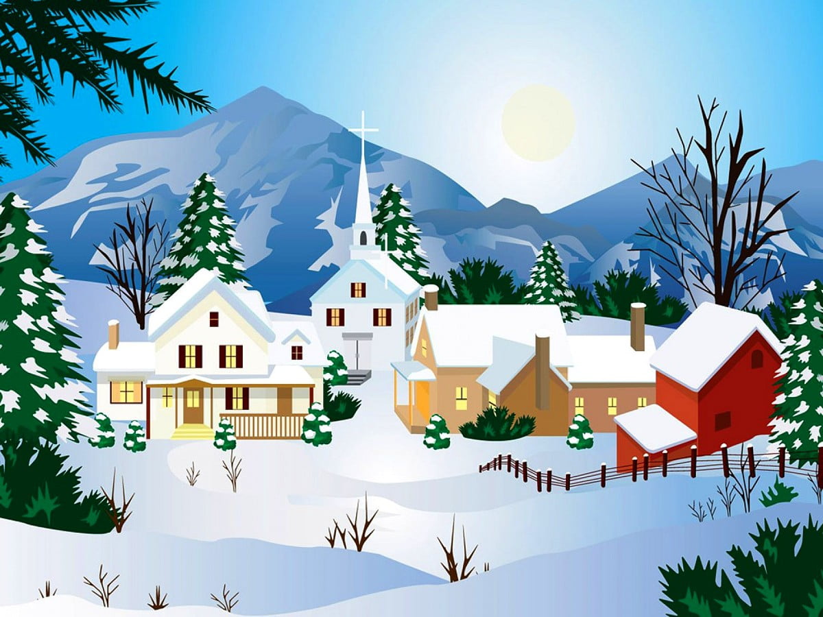 Illustratie, kerstboom, sneeuw, winter, huis : gratis bureaublad achtergrond