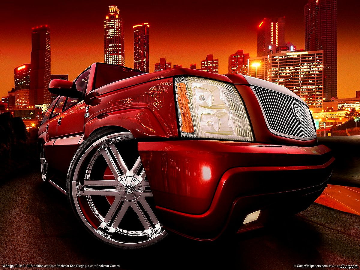 Rode Cadillac in de buurt van gebouw : gratis desktop achtergrond 1600x1200