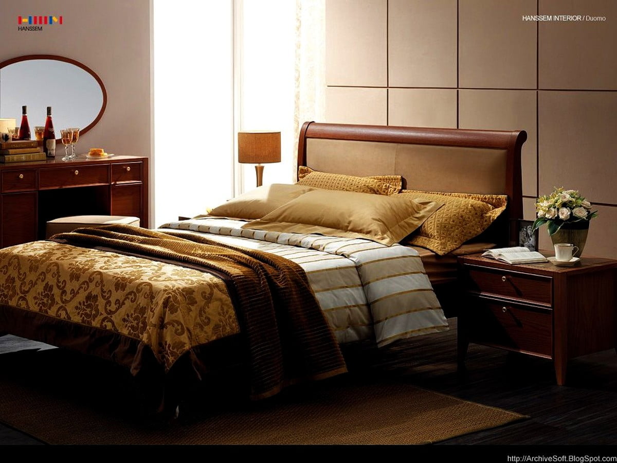 Slaapkamer met bed en bureau in de kamer / achtergrond