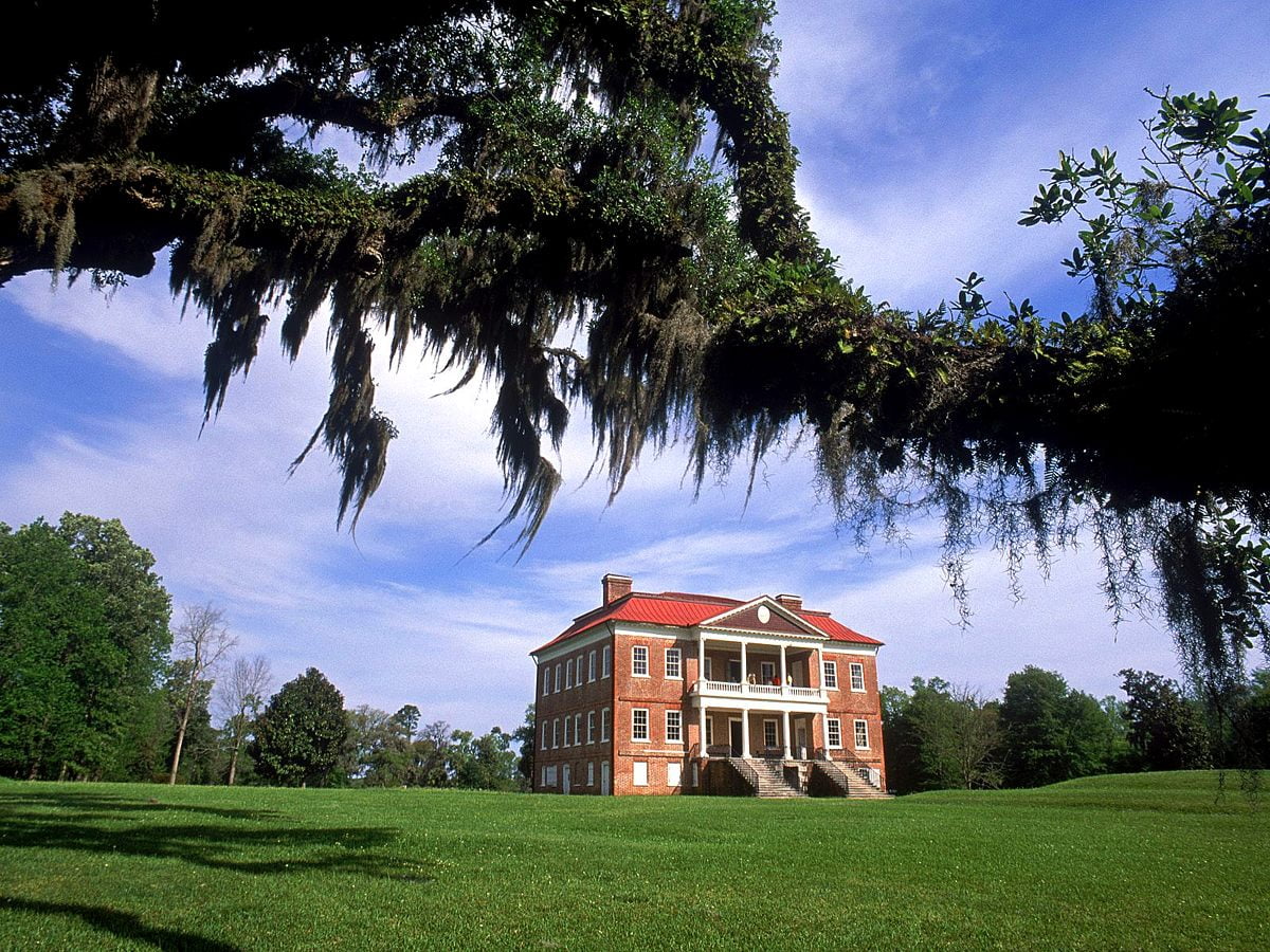 Groot groen veld en bomen (Drayton Hall, Charleston, South Carolina, Verenigde Staten van Amerika) — HD achtergrond 1600x1200