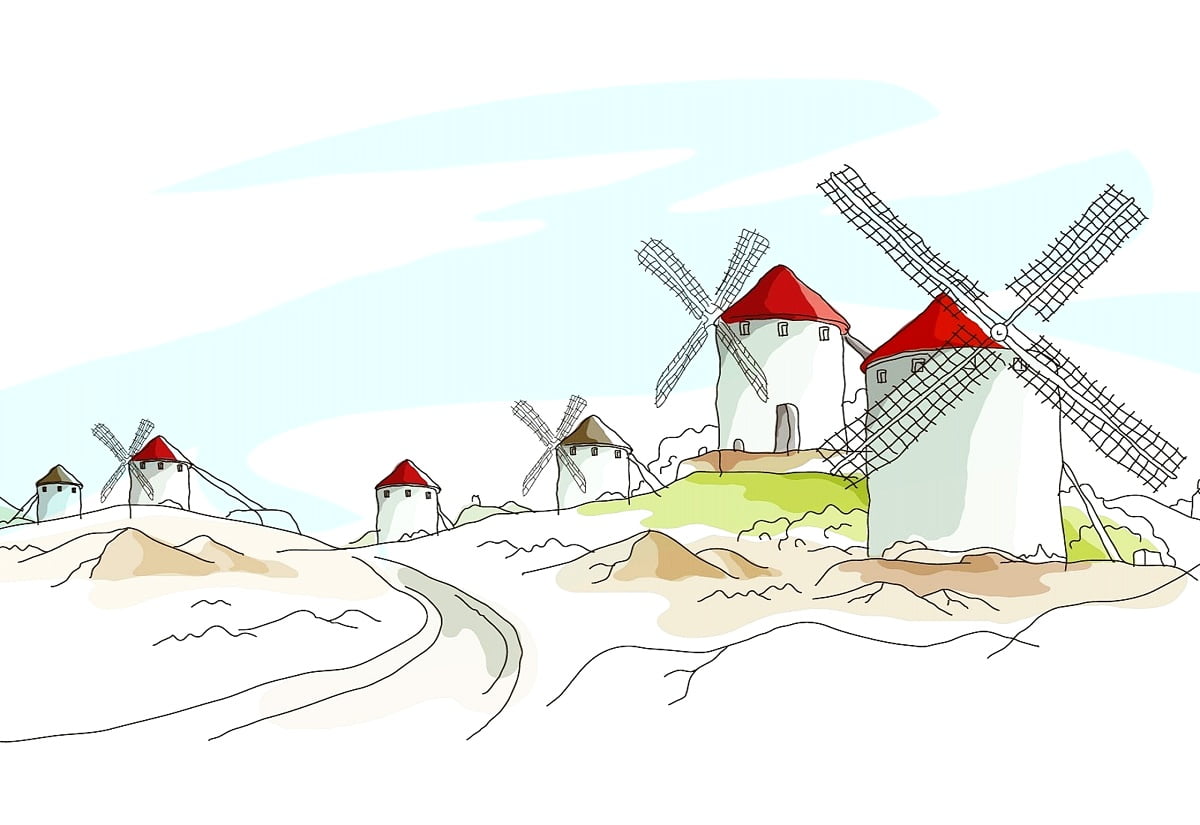 Gratis achtergrond — geschilderde steden, windmolen, illustratie, wind, architectuur (1600x1100)