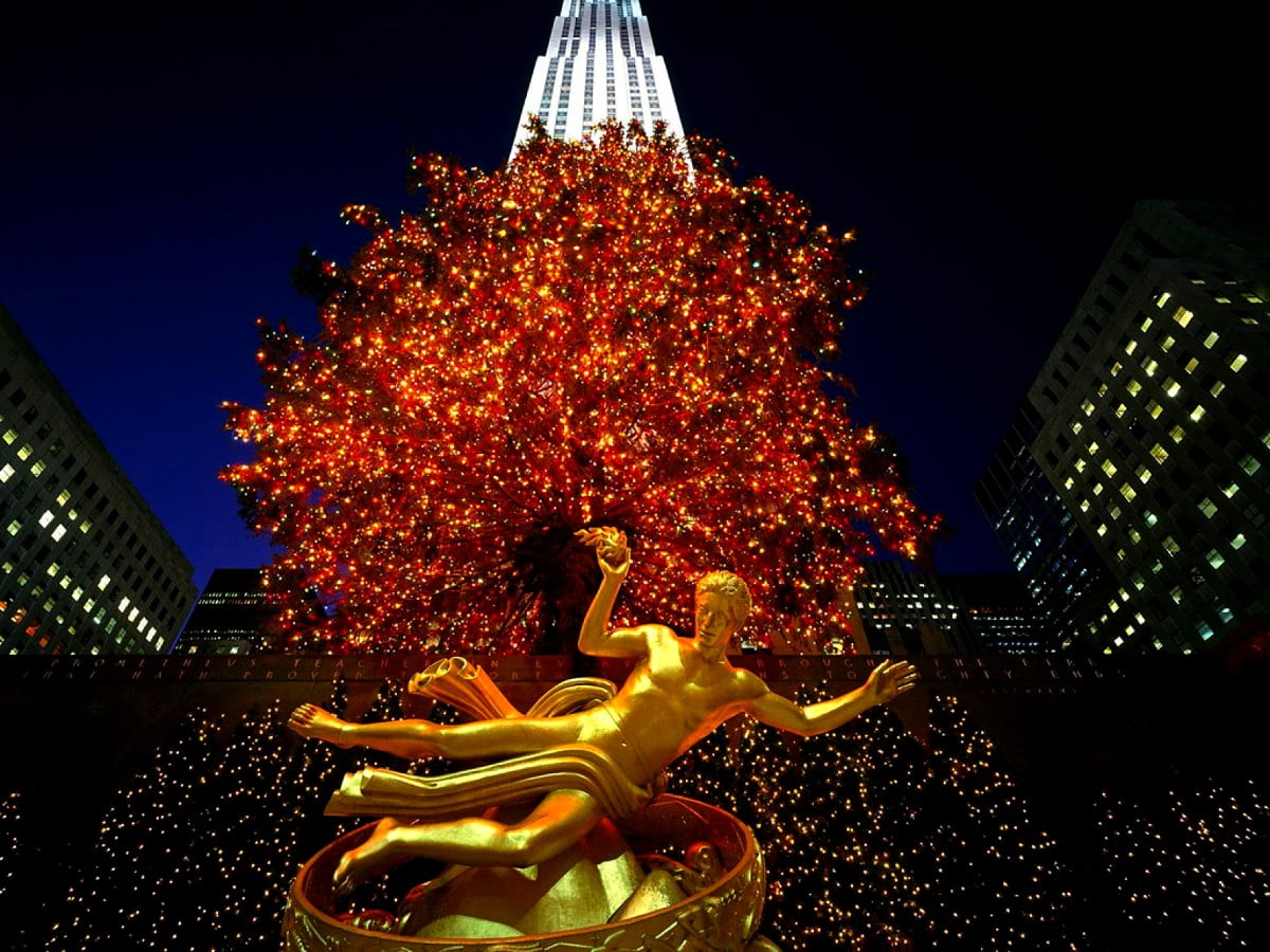 Coole Rockefeller Center, Kerstboom, New York achtergrond Download