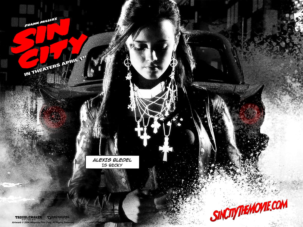 1024x768 desktop achtergrond — persoon die door de straat loopt (scène uit film "Sin City")