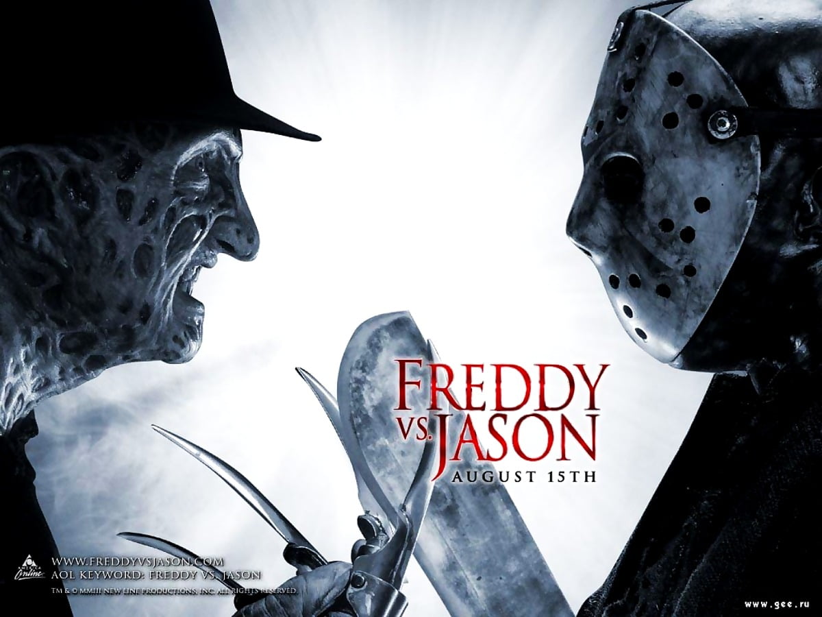 : poster, tekenfilms, kunst, spellen, fictie (scène uit film "Freddy vs. Jason")