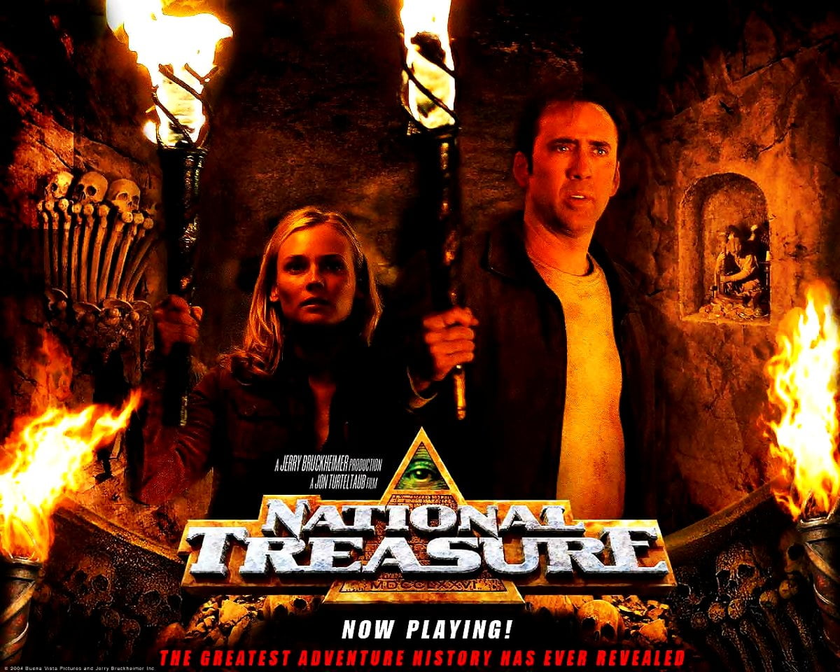 Gratis bureaublad achtergrond / Nicolas Cage staat voor het vuur (scène uit film "National Treasure")